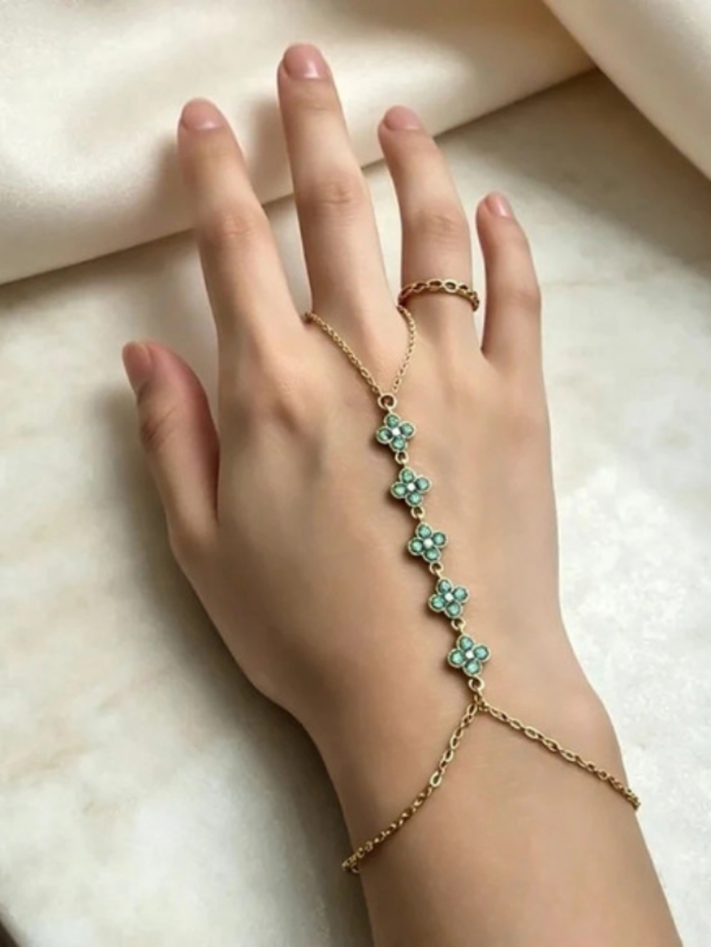 Gold Green Hand Chain Bracelet Like New